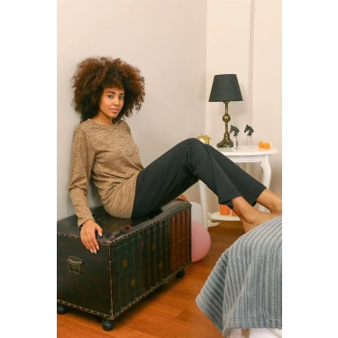 Moda Kadın Uzun Kol Penye Pijama Takım Sütlü Kahve
