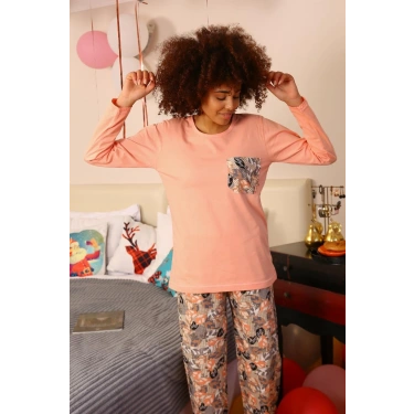 Moda Kadın Uzun Kol Penye Pijama Takım Yavruağzı