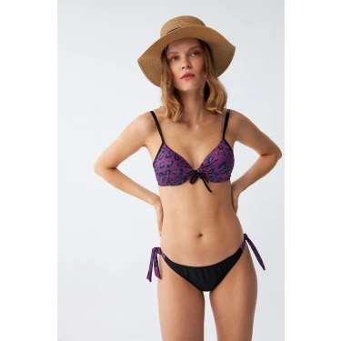 Moda Kadın Yandan Bağlamalı Yarım Destekli Fiyonklu Alt Üst Bikini Takım Mor