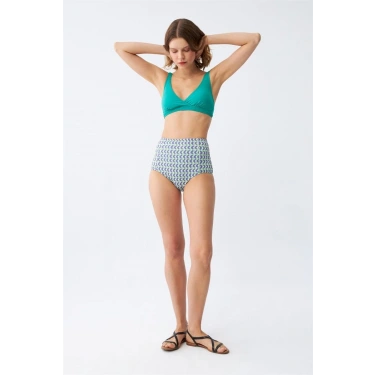 Moda Kadın Yeşil Pedli Geometrik Desenli Yüksek Bel Bikini Takımı