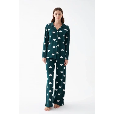 Moda Kadın Zümrüt Yeşili Kalp Desenli Düğmeli Pamuklu Pijama Takımı