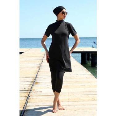 Moda Kısa Kol Siyah Yarım Tesettür Mayo