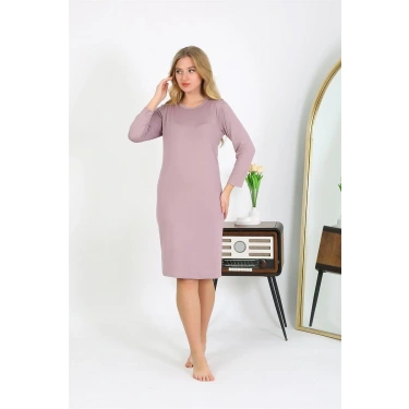 Moda Pamuk Ev Elbisesi Tunik Gecelik Pudra