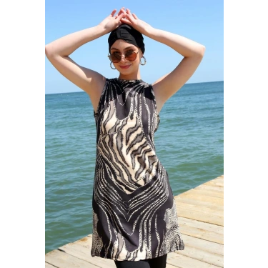 Moda Sıfır Kol Leopar Yarım Tesettür Mayo Siyah