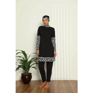 Moda Tam Tesettür Dijital Desenli Mayo Siyah