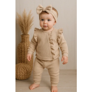 Orkide Desenli Fisto Detaylı 3 Parça Kız Bebek Takımı %100 Pamuk