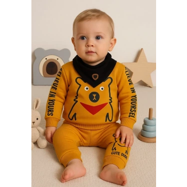 Oynar Gözlü Fularlı 3lü Erkek Bebek Takımı
