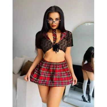 Özel Tasarım Bordo Ekose Desenli Dantel İşlemeli Fantezi Mini Liseli Kostüm