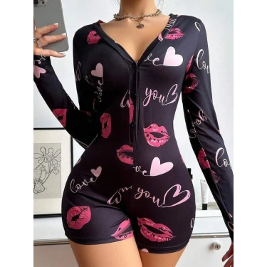 Pamuklu Kırmızı Kalp Desenli Düğmeli Uzun Kol Tulum Pijama