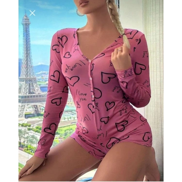 Pamuklu Pembe Siyah Kalp Desenli Düğmeli Uzun Kol Tulum Pijama