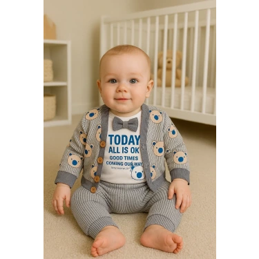 Papyonlu Bear Çizgili Model Ceketli 3lü Erkek Bebek Takımı