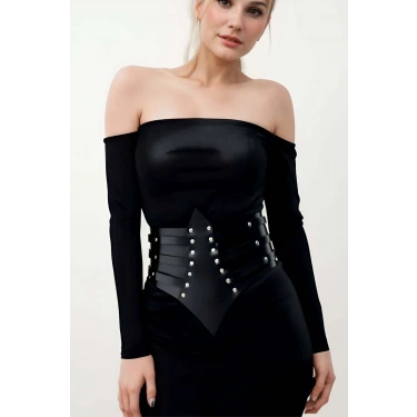 Perçin Detaylı, Şık Elbise Üzeri Deri Korse Kemer, Elbise Kemeri - Brf1087