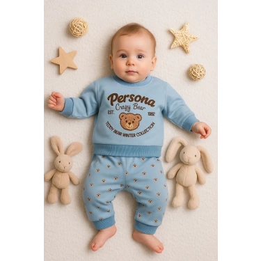 Persona Bear Nakışlı % 100 Pamuk 2li Erkek Bebek Takım