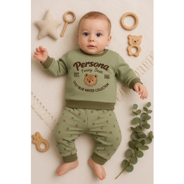 Persona Bear Nakışlı % 100 Pamuk 2li Erkek Bebek Takım