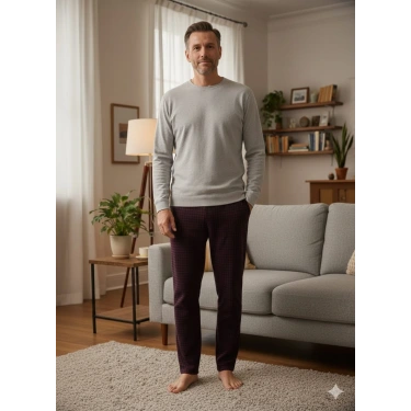 Pijalüx Tek Alt Cepli Örme Ekose Ev Pantolonu