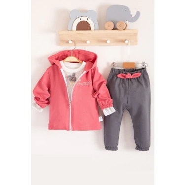 Prences Nakışlı Kapişonlu 3lü % 100 Pamuk Kız Bebek Takımı