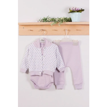 Puan Desenli Kapişonlu % 100 Pamuk 3lü Kız Bebek Takım