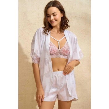 Saten Bride Baskılı Dantelli Sabahlık Balensiz Desteksiz Dolgusuz Bralet Sütyen Ve Şort 3lü Takım