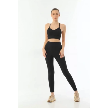 Siyah  3921 Soft Seamless Ripli Tayt Yoga Takımı