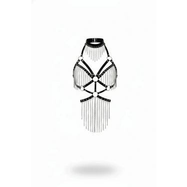 Siyah Body Harness Choker Yaka Zincir Detaylı Vücut Aksesuarı - Brf1397