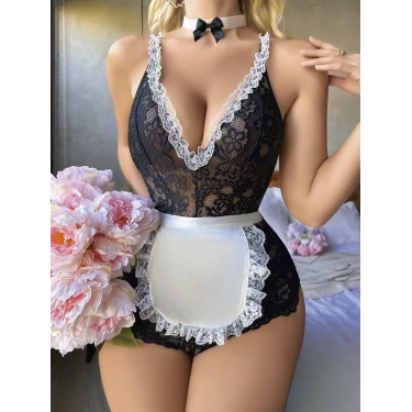 Siyah Dantel İşlemeli Kurdelalı Fransız Hizmetçi Kostümü