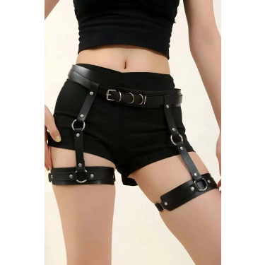 Siyah Deri Jartiyer Harness - Brf804
