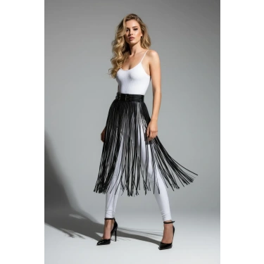 Siyah Etek Deri Uzun İnce Şerit Detaylı Etek - Brf1090