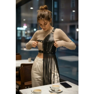 Siyah Etek Deri Zımbalı Asimetrik Püsküllü - Brf1014