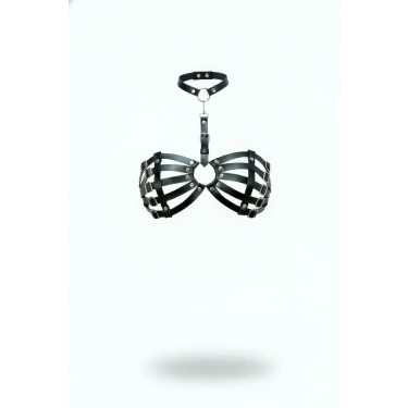 Siyah Göğüs Harness Yaka Detaylı Kafes Yapılı Deri - Brf1408