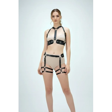 Siyah Harness Takım Deri Zımba Detaylı Vücut Aksesuarı - Brf1016