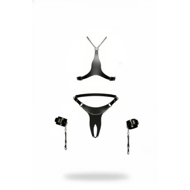 Siyah Harness Takım Deri Zincir Detaylı 4 Parçalı - Brf1232