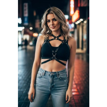 Siyah Kadın Kemer Deri Vücut Aksesuarı - Brf108