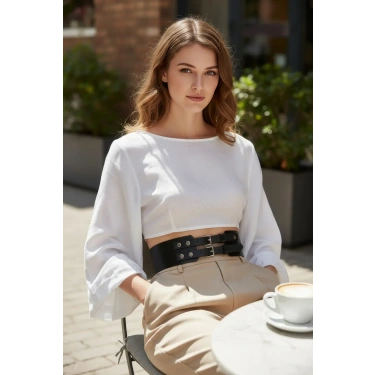 Siyah Kadın Kemer Kalın Çift Tokalı Bel Aksesuarı - Brf1203