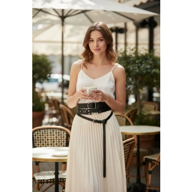 Siyah Kadın Kemer Kalın Ve İnce İkili Bel Aksesuarı - Brf1129