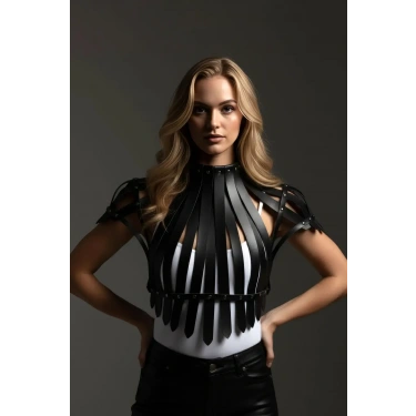 Siyah Kadın Kemer Şerit Detaylı Yüksek Yaka Zımbalı - Brf1257