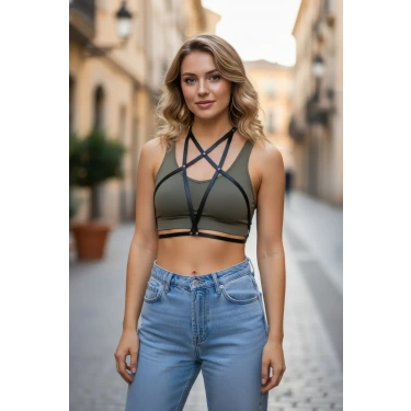 Siyah Kadın Kemer Suni Deri Çapraz Göğüs Detaylı - Brf180