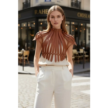 Taba Kadın Kemer Deri Şeritli Yüksek Yaka Vücut Aksesuarı - Brf1257