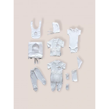 Taçlı Prensesim Nakışlı  10lu Zıbın Takımı Hastane Çıkışı Ekru