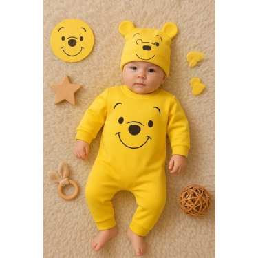 The Bear Desenli % 100 Pamuk Şapkalı Tulum