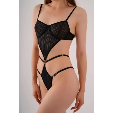 Transparan Siyah Dekolteli Balenli Fantazi İç Giyim Body