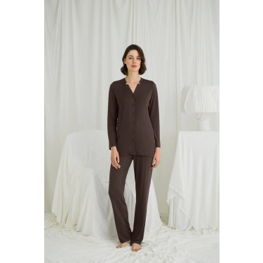 Uzun Kollu Boydan Düğmeli V Yaka Pijama Takımı