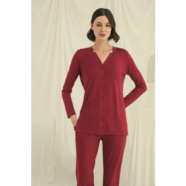 Uzun Kollu Düğmeli V Yaka Pijama Takımı