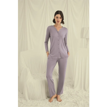 Uzun Kollu Düğmeli V Yaka Pijama Takımı