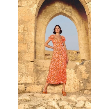 Viskon Çiçek Desenli Kısa Kollu Elbise