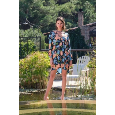 Viskon Çiçek Ve Yaprak Desenli Uzun Kollu Elbise