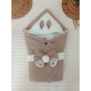 Yenidoğan 4 Kat Müslin Kumaş Kulaklı Patili Fiyonk Bebek Battaniyesi Kundak Yeşil