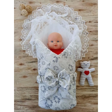 Yenidoğan Gül Sedefli Duvaklı Taş Fiyonk Erkek Bebek Kumru Kundak Bebek Battaniyesi Lacivert