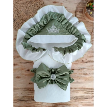 Yenidoğan Mehtap Lüks Kelebek Taç Nakışlı Bebek Battaniyesi Kundak Yeşil