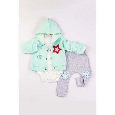 Yıldız Nakışlı Kapişonlu Kız Bebek Takımı