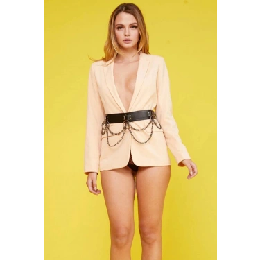 Zincirli Siyah Deri Bel Kemeri - Brf763